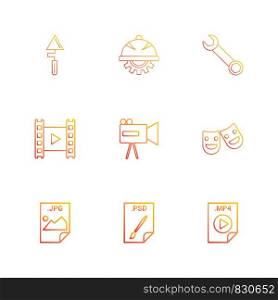 Spade , gear , wrench , video , camcoder , smiley , image , psd file , video , mp4 ,icon, vector, design, flat, collection, style, creative, icons