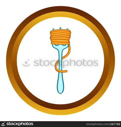 Spaghetti on fork vector icon in golden circle, cartoon style isolated on white background. Spaghetti on fork vector icon