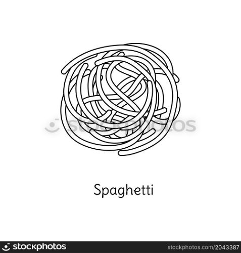 Spaghetti pasta illustration. Vector doodle sketch. Traditional Italian food. Hand-drawn image for coloring book. Isolated black line icon. Editable stroke