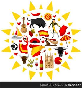 Spain background in shape of sun. Spanish traditional symbols and objects. Spain background in shape of sun. Spanish traditional symbols and objects.