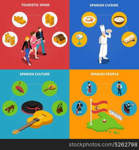 Spain Concept Icons Set. Touristic Spain concept icons set with culture and cuisine symbols isometric isolated vector illustration