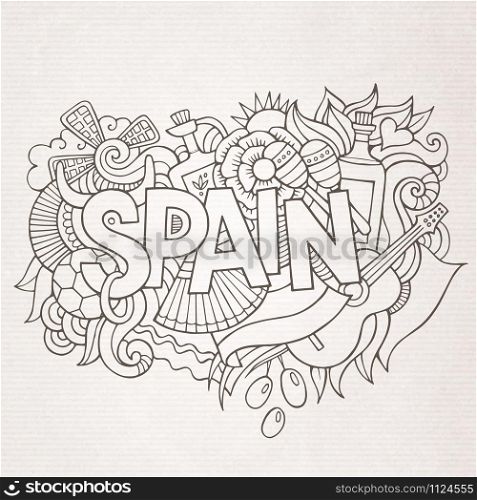 Spain country hand lettering and doodles elements and symbols background. Vector hand drawn sketchy illustration. Spain country hand lettering and doodles elements