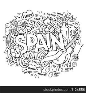 Spain country hand lettering and doodles elements and symbols background. Vector hand drawn sketchy illustration. Spain country hand lettering and doodles elements