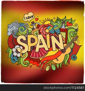 Spain country hand lettering and doodles elements and symbols emblem. Vector blurred flag background. Spain country hand lettering and doodles elements