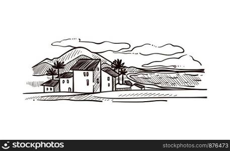 Spain countryside rural landscape with mountains, building houses and trees growing near homes. Architecture combined with nature monochrome sketch outline isolated on white vector illustration. Spain countrisyde landscape with mountains white vector illustration