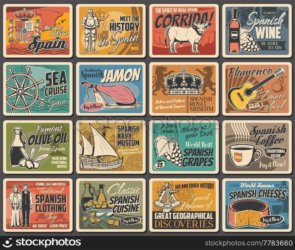 Spain culture, cuisine and history retro banners set. Jamon leg, wine bottle and olive oil, Spain coat of arms, royal crown and knight, guitar, cheese head and grapes, corrida bull, coffee cup vector. Spain culture, cuisine and history retro banners