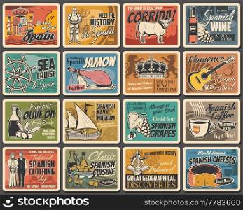 Spain culture, cuisine and history retro banners set. Jamon leg, wine bottle and olive oil, Spain coat of arms, royal crown and knight, guitar, cheese head and grapes, corrida bull, coffee cup vector. Spain culture, cuisine and history retro banners