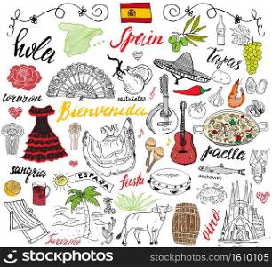 Spain doodles elements. Hand drawn set with spanish food paella, shrimps, olives, grape, fan, wine barel, guitars, music instruments, dresses, bull, rose, flag and map, lettering. doodle set isolated.. Spain doodles elements. Hand drawn set with spanish food paella, shrimps, olives, grape, fan, wine barel, guitars, music instruments, dresses, bull, rose, flag and map, lettering. doodle set isolated