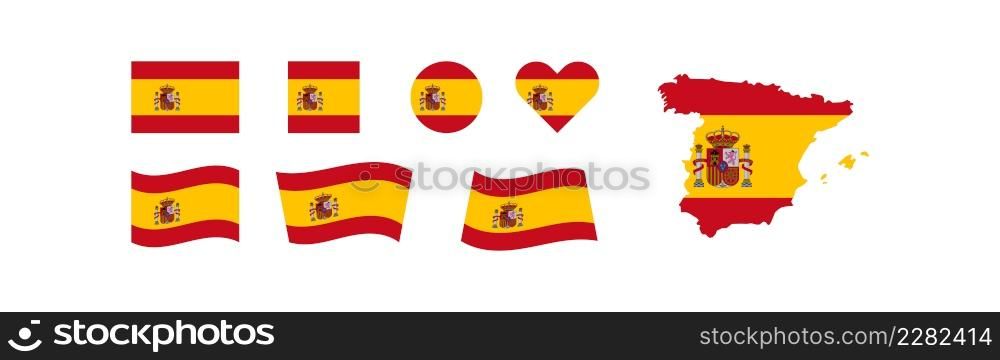 Spain flag and map icon set different shaped. Europe isolated vector illustration