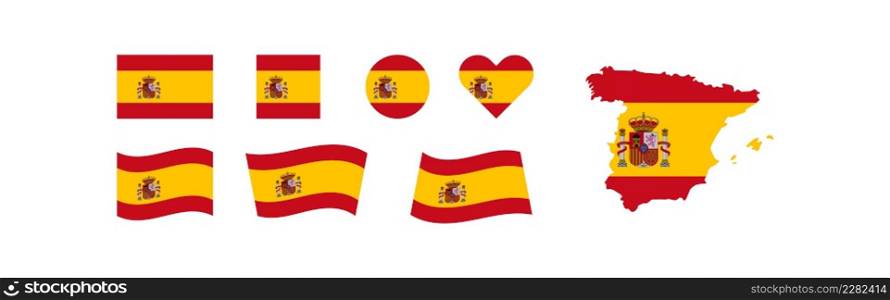 Spain flag and map icon set different shaped. Europe isolated vector illustration