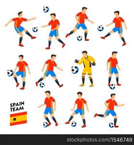 Spain football team. Spain soccer players. Full Football team, 11 players. Spanish Soccer players on different positions playing football. Colorful flat style illustration. Football cup. Vector illustration. Spain football team. Spain soccer players. Full Football team, 11 players. Spanish Soccer players on different positions playing football. Colorful flat style illustration. Football cup.