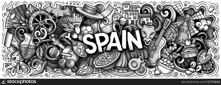 Spain hand drawn cartoon doodles illustration. Spanish funny objects and elements poster design. Creative art background. Monochrome vector banner. Spain hand drawn cartoon doodles illustration.