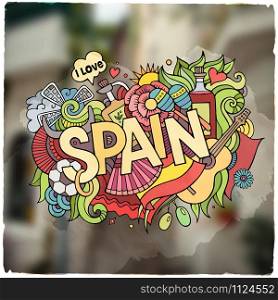 Spain hand lettering and doodles elements and symbols emblem. Vector blurred background. Spain hand lettering and doodles elements emblem