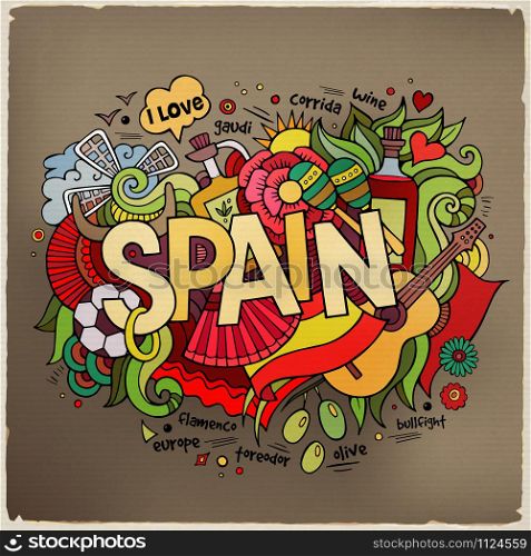 Spain hand lettering and doodles elements background. Vector ill