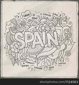 Spain hand lettering and doodles elements background. Vector ill