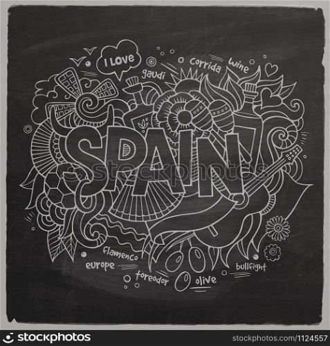 Spain hand lettering and doodles elements background. Vector illustration