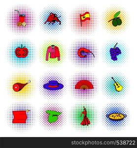 Spain icons set in comics style isolated on white background. Spain icons set