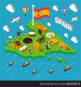 Spain Isometric Map Illustration . Touristic Spain isometric map with culture and sightseeing symbols vector illustration