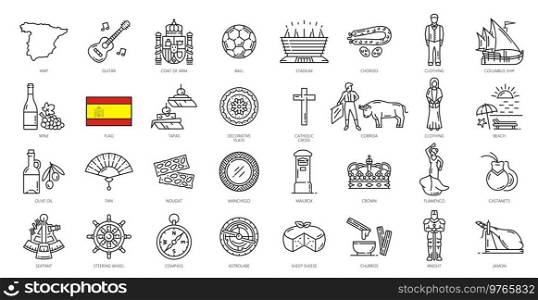 Spain outline icons. European culture and history symbols, Spain food and landmarks vector symbols. Bullfighter, guitar and jamon, stadium, Spain map and flag, wine, Columbus ship and flamenco dancer. Spain culture, food and landmarks outline icons