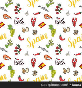 Spain seamless pattern doodle elements, Hand drawn sketch spanish food shrimps, olives, grape, flag and lettering. vector illustration background. Spain seamless pattern doodle elements, Hand drawn sketch spanish food shrimps, olives, grape, flag and lettering. vector illustration background.