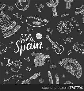 Spain seamless pattern doodle elements, Hand drawn sketch spanish traditional guitars, dress and music instruments, map of spain and lettering - hola spain. vector illustration background.. Spain seamless pattern doodle elements, Hand drawn sketch spanish traditional guitars, dress and music instruments, map of spain and lettering - hola spain. vector illustration background