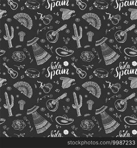 Spain seamless pattern doodle elements, Hand drawn sketch spanish traditional guitars, dress and music instruments, map of spain and lettering - hola spain. vector illustration background.. Spain seamless pattern doodle elements, Hand drawn sketch spanish traditional guitars, dress and music instruments, map of spain and lettering - hola spain. vector illustration background