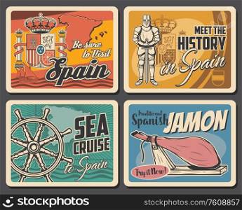 Spain travel agency, vector vintage retro posters, Spanish culture and landmarks tourism. Sea cruises, History museum and traditional jamon food, Barcelona, Madrid and Seville sightseeing tours. Welcome to Spain, Spanish culture landmarks travel