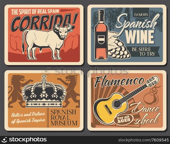 Spain travel and traditional culture tourism, vector vintage retro posters. Spanish traditions and landmarks, Madrid corrida, flamenco dance school, Spanish royal museum and wine tasting tours. Welcome to Spain, travel, wine and music culture