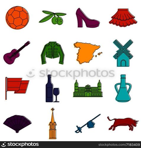 Spain travel icons set. Doodle illustration of vector icons isolated on white background for any web design. Spain travel icons doodle set