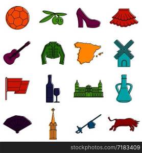 Spain travel icons set. Doodle illustration of vector icons isolated on white background for any web design. Spain travel icons doodle set