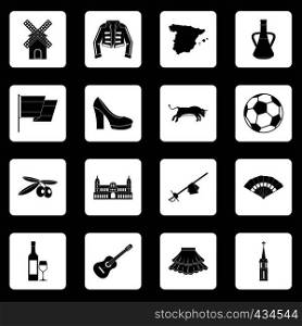 Spain travel icons set in white squares on black background simple style vector illustration. Spain travel icons set squares vector