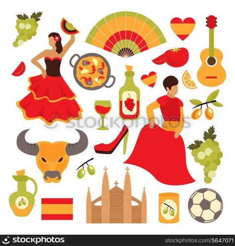 Spain travel tourist attractions icons set isolated vector illustration