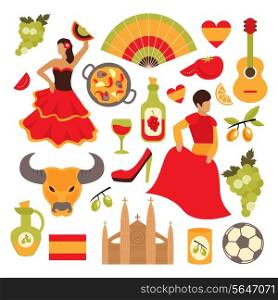Spain travel tourist attractions icons set isolated vector illustration