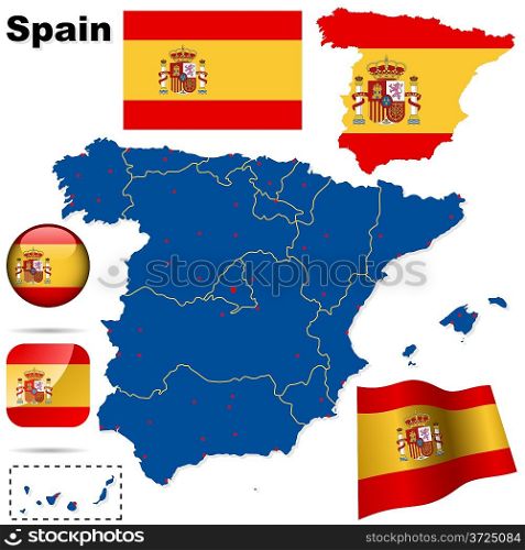 Spain vector set. Detailed country shape with region borders, flags and icons isolated on white background.