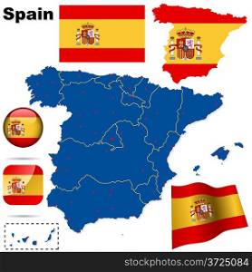 Spain vector set. Detailed country shape with region borders, flags and icons isolated on white background.