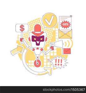 Spam bot thin line concept vector illustration. Unwanted ads newsletter. Bad AI robot 2D cartoon character for web design. Advertisement mail automated sending software creative idea