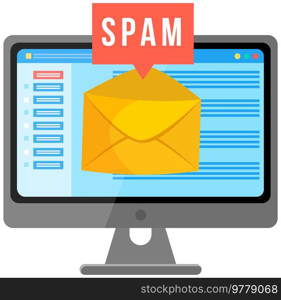 Spam email warning sign. Concept of virus piracy hacking and security. Envelope with spam. Website banner of e-mail protection, anti malware software. Flat vector mailing of advertising correspondence. Spam email warning sign. Concept of virus, piracy, hacking and security. Envelope with spam