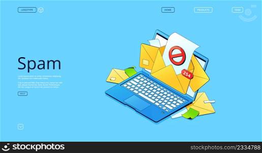 Spam isometric landing page with letter envelopes on laptop screen. Electronic email service messages as part of business marketing or hacker attack. Webmail malware concept, 3d vector web banner. Spam isometric landing page with letter envelopes