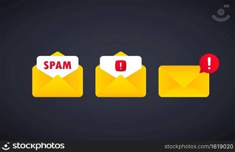 Spam message. Email warning concept. Envelope with spam. Alert message notification. Danger error alerts. Stop spam vector illustration. Virus problem