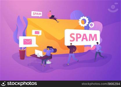 Spam, unsolicited messages, malware spreading concept. Vector isolated concept illustration with tiny people and floral elements. Hero image for website.. Spam concept vector illustration.