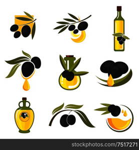 Spanish black olives symbols of olive tree branches with fresh fruits and bottles of healthful extra virgin olive oil. May be use as vegetarian nutrition theme, recipe book or food packaging design. Spanish black olive fruits and oil bottles icons