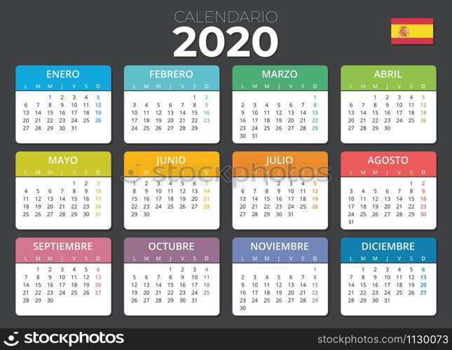 Spanish Calendar 2020 Spanish flag. Horizontal calendar