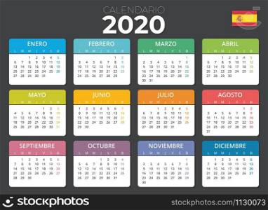 Spanish Calendar 2020 Spanish flag. Horizontal calendar
