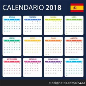Spanish Calendar for 2018. Scheduler, agenda or diary template. Week starts on Monday