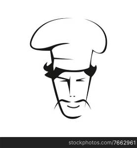 Spanish chef contour vector illustration. Hispanic with thin mustache character and chef hat outline drawing. Traditional cuisine isolated emblem on white background. Restaurant, cafe, bistro logo. Spanish chef contour vector illustration