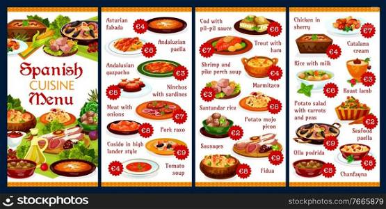 Spanish cuisine food menu and tapas, vector paella plate with seafood fish and meat. Spain restaurant traditional meals and lunch menu tomato soup gazpacho, fidua, Spanish sausages and Catalan cream. Spanish cuisine food menu or tapas, paella seafood