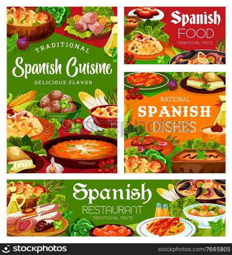 Spanish cuisine food, menu meals and dishes, Spain restaurant meat, paella and snacks tapas, vector. Spanish food seafood and fish paella, lunch and dinner, traditional sausages and pastry. Spanish cuisine food, menu meals and dishes, Spain