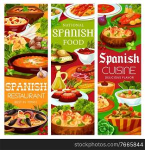 Spanish cuisine food menu paella seafood and tapas, vector snacks, soups and meat. Spain Mediterranean cuisine restaurant traditional lunch meals, pastry and gazpacho soup and Spanish sausages. Spanish cuisine food menu paella seafood and tapas