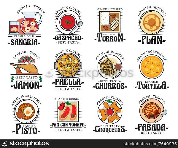 Spanish cuisine food, traditional snacks and desserts, restaurant cafe menu dishes. Vector Spain authentic cuisine jamon, paella and gazpacho soup, turron dessert and croquetas, tortilla and churros. Traditional Spanish cuisine food dishes, bar menu