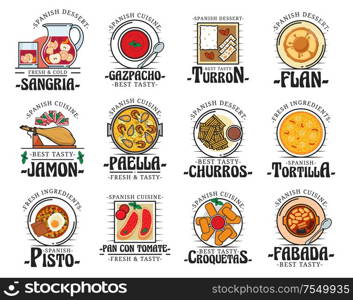 Spanish cuisine food, traditional snacks and desserts, restaurant cafe menu dishes. Vector Spain authentic cuisine jamon, paella and gazpacho soup, turron dessert and croquetas, tortilla and churros. Traditional Spanish cuisine food dishes, bar menu